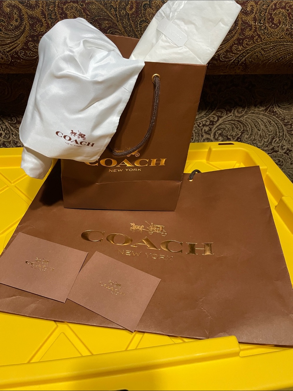 Coach New York Brown and White Gift Bag Set with Gold Logo